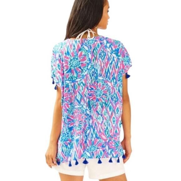 Lilly Pulitzer Women XS Top Tunic‎ Short Sleeve Sydney Caftan Pink Blue Tassels - Picture 4 of 16